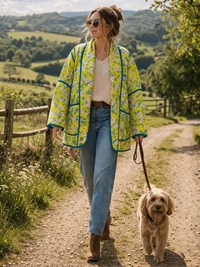 🧵 HANDMADE (by me!) Floral Quilt Coat Jacket with Blue Trim M-XL